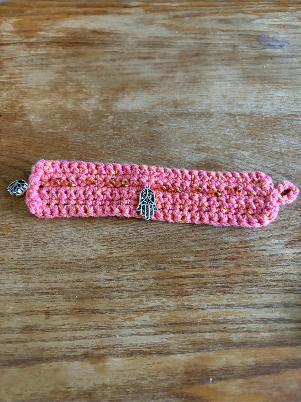 Handmade Samon Crochet Hamsa Bracelet with Silver Charm